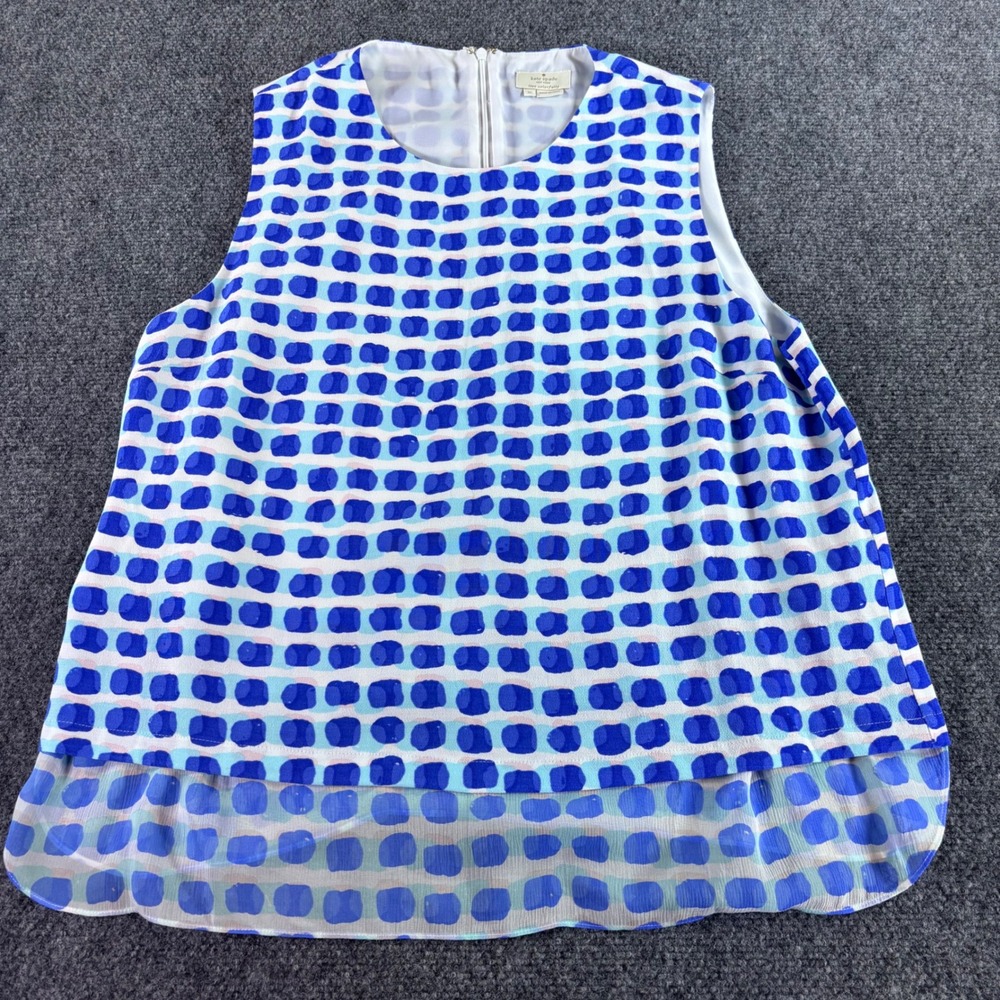 Kate Spade Blouse Womens XL Blue Teal Silk Trim Geometric‎ Dot Tiered Shell Top